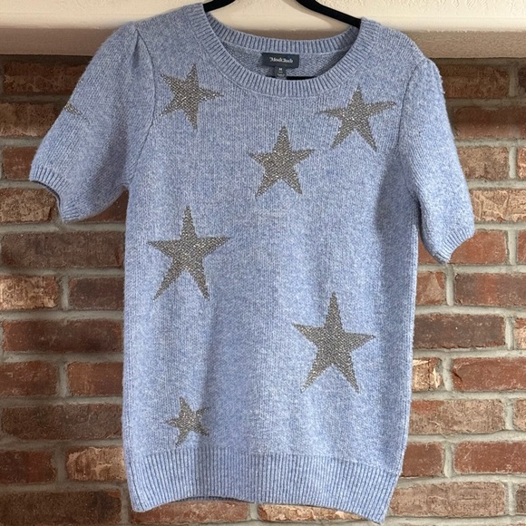 ModCloth Sweater Blue Silver Sequin Stars Short Sleeve Celestial - Picture 3 of 5